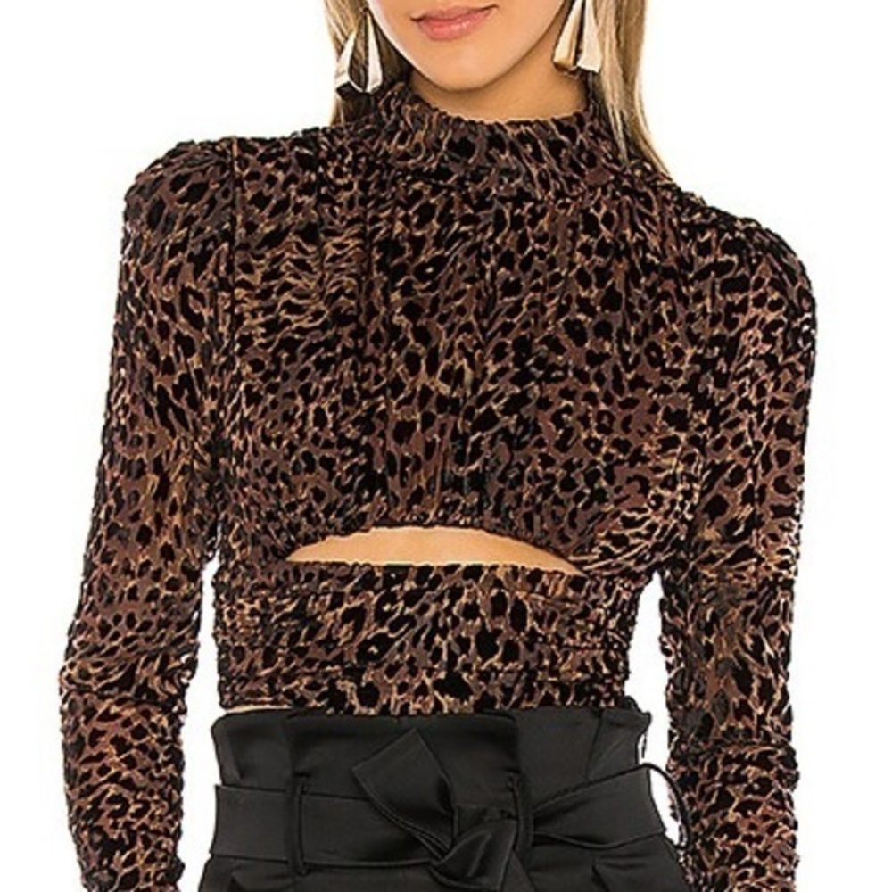 Camila Coelho‎ Kristi Leopard Animal Print Crop Cut Out Long Sleeve Top